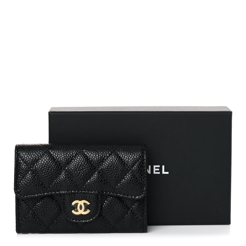 Caviar Quilted Flap Card Holder Wallet Black