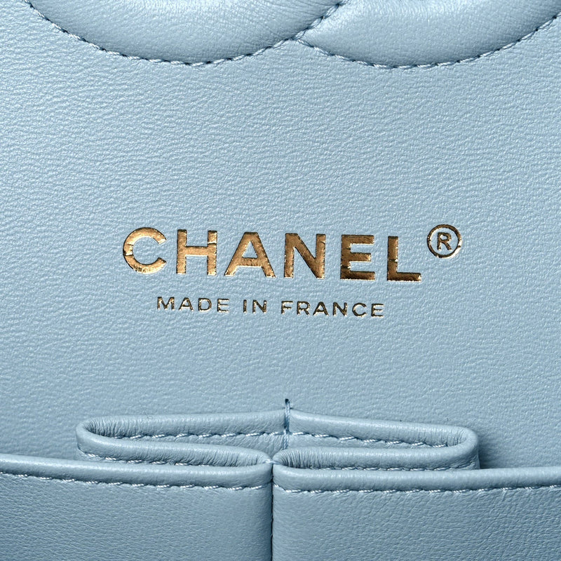 Caviar Quilted Medium Double Flap Light Blue