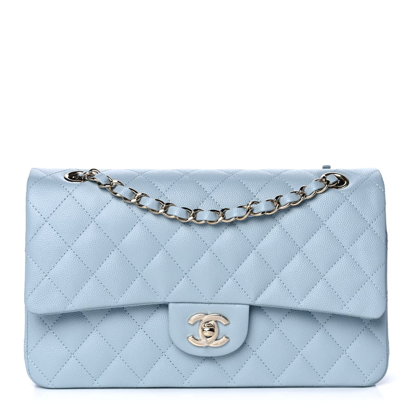 Caviar Quilted Medium Double Flap Light Blue