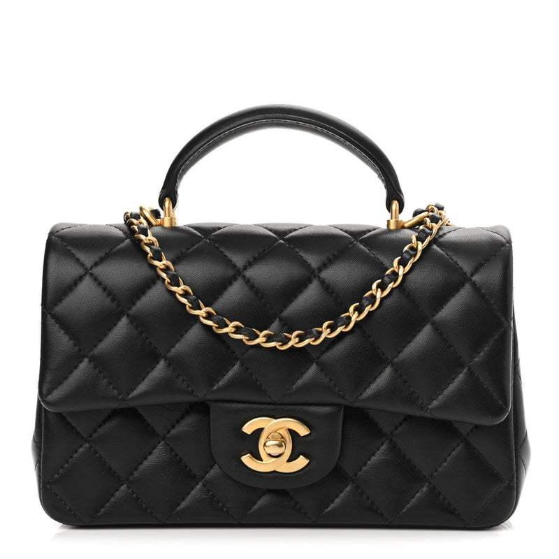 Lambskin Quilted Mini Top Handle Rectangular Flap Black