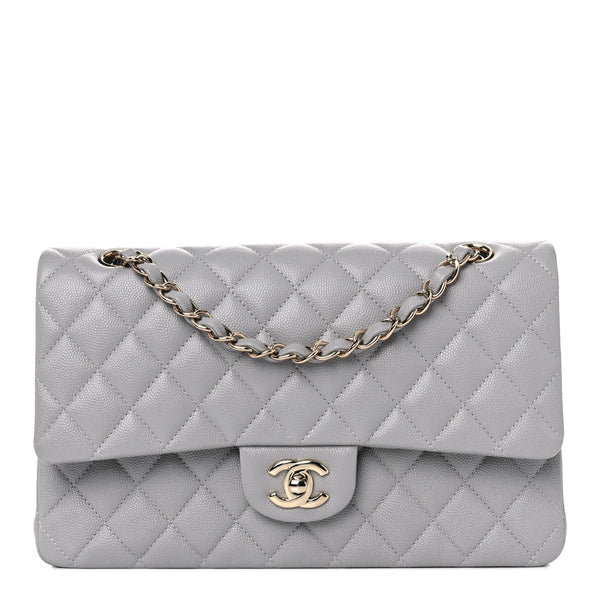 Caviar Quilted Medium Double Flap Light Grey