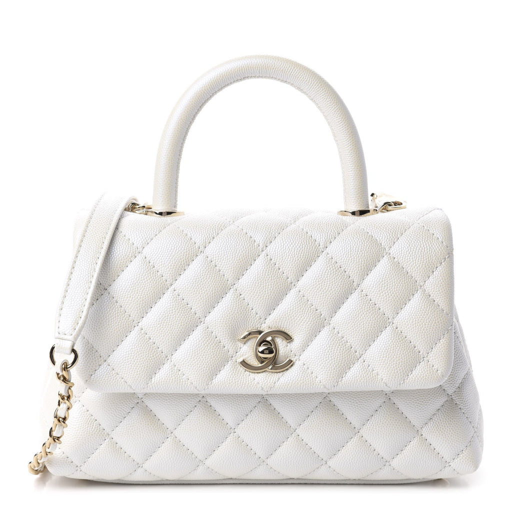Chanel Small Coco Handle Flap Bag White Caviar Light Gold Hardware