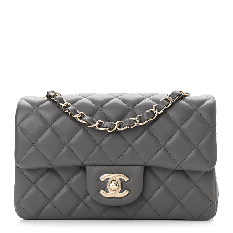 Chanel Light Grey Quilted Lambskin Mini Classic Flap Light Gold