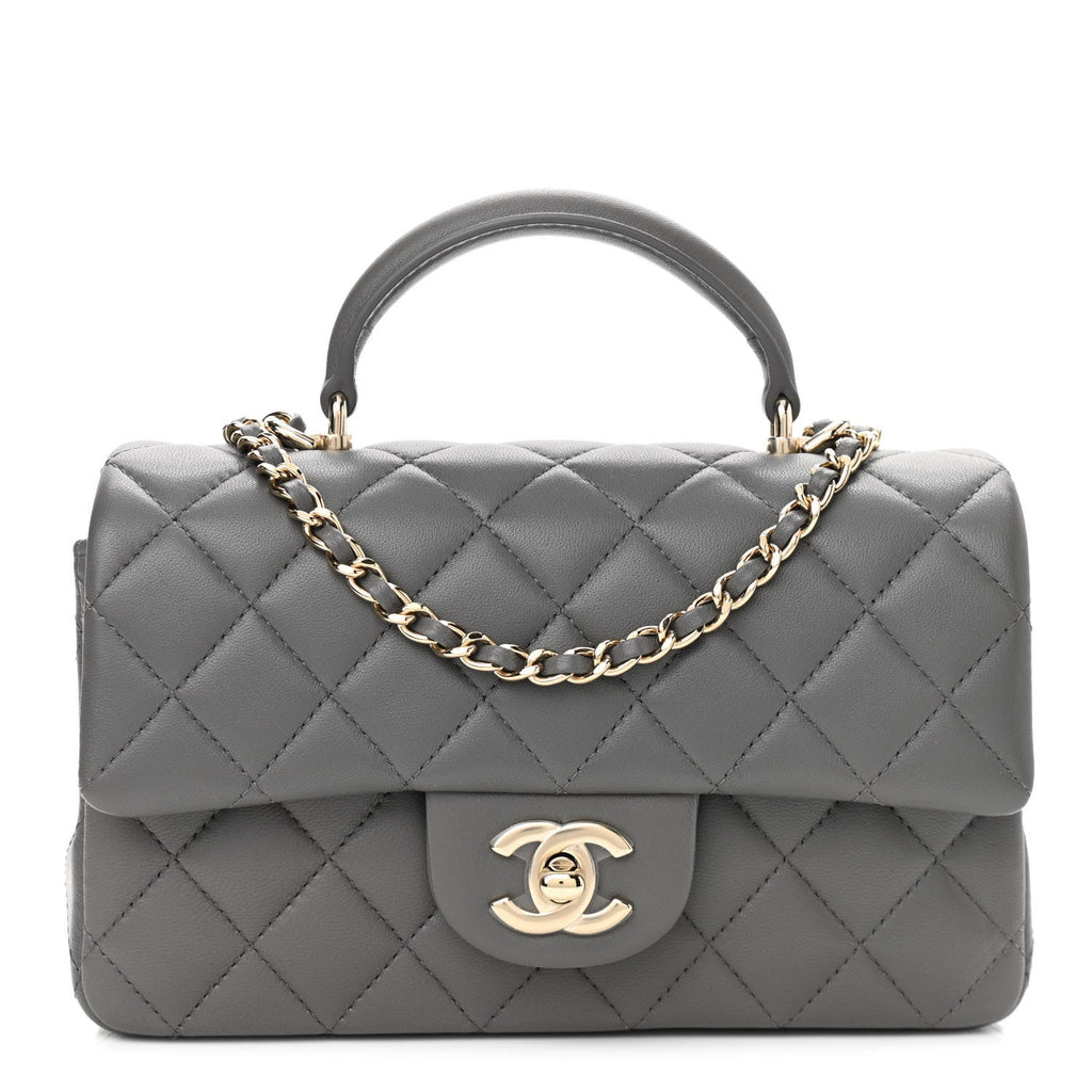 Lambskin Quilted Mini Top Handle Rectangular Flap Grey – Luxefectly