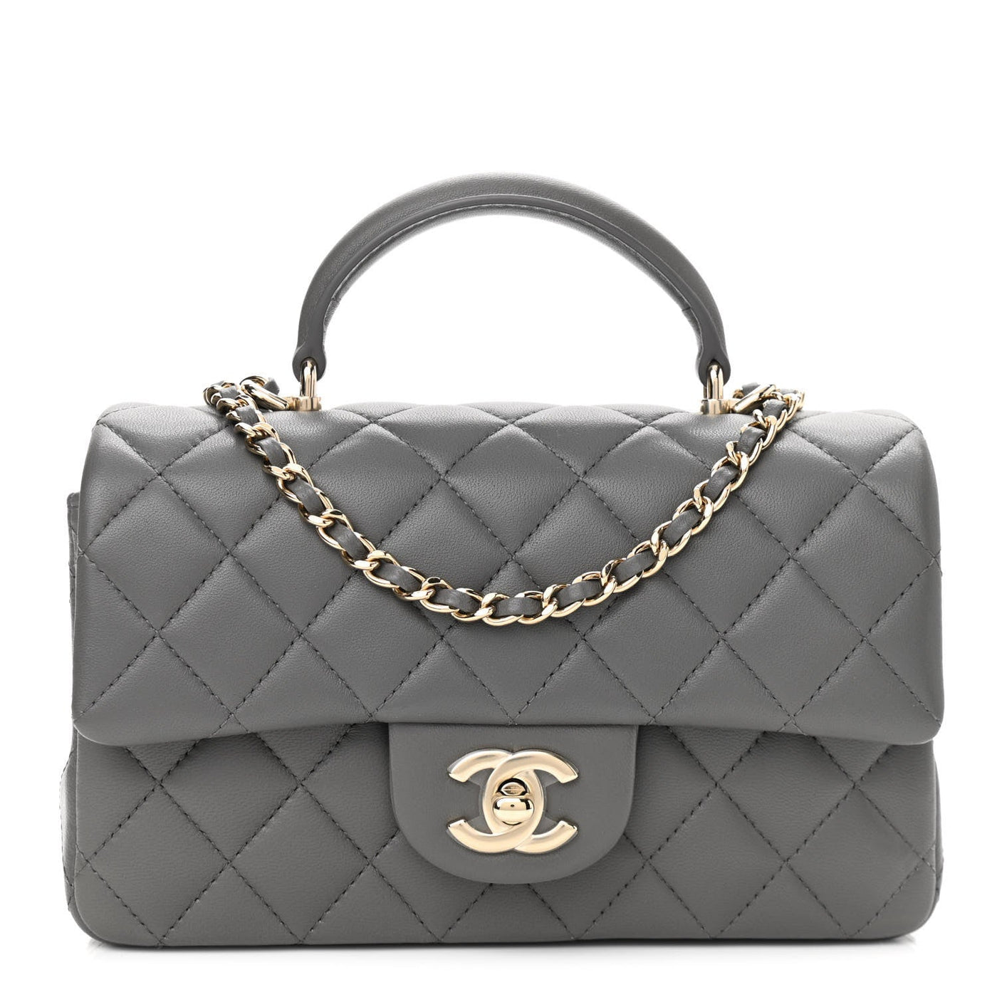 CHANEL 美品 使えるトップス カリブ グレーカーキ 42 CHANEL 22A Grey Lambskin Top Handle Rectangle Mini Light Gold