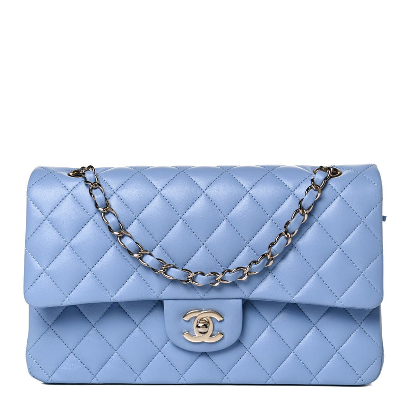 Lambskin Quilted Medium Double Flap Light Blue – Luxefectly