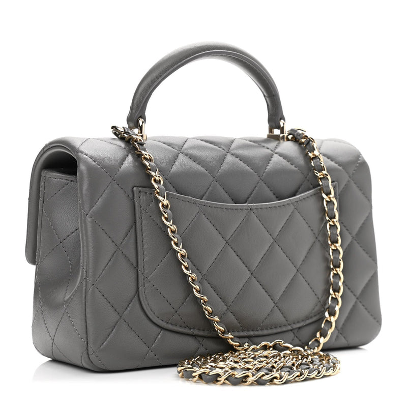 Lambskin Quilted Mini Top Handle Rectangular Flap Grey