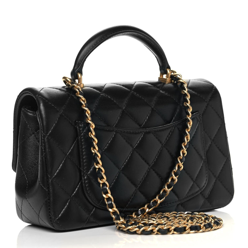 Lambskin Quilted Mini Top Handle Rectangular Flap Black