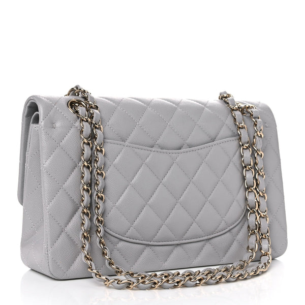 Caviar Quilted Medium Double Flap Light Grey