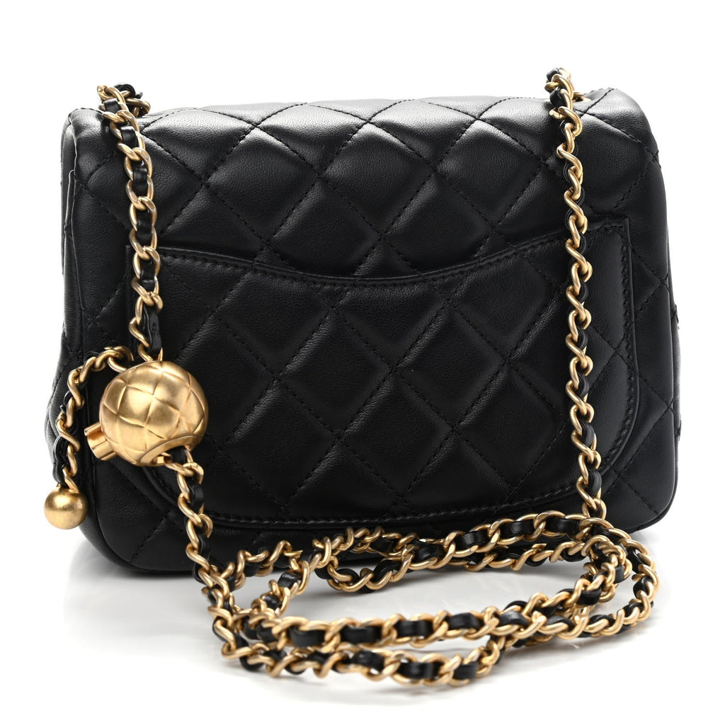 Chanel Lambskin Quilted CC Pearl Crush Mini Rectangular Flap Bag Black 