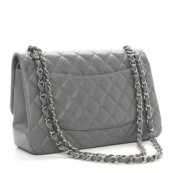 Caviar Quilted Jumbo Double Flap Grey