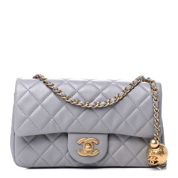 Lambskin Quilted CC Pearl Mini Rectangular Flap Grey