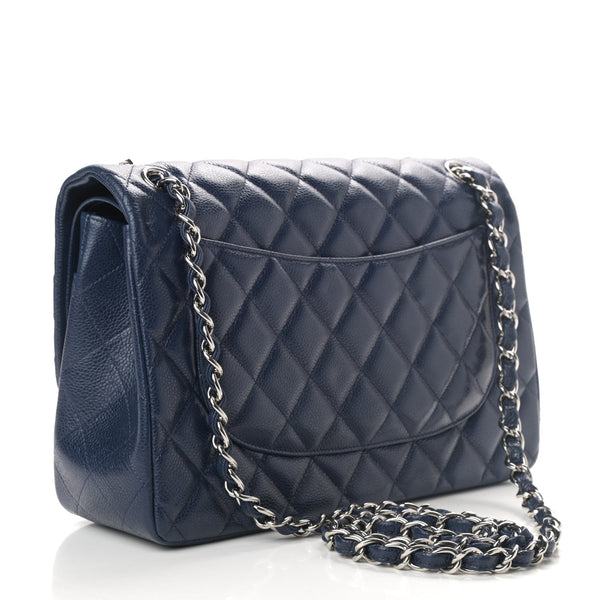Caviar Quilted Jumbo Double Flap Navy Blue