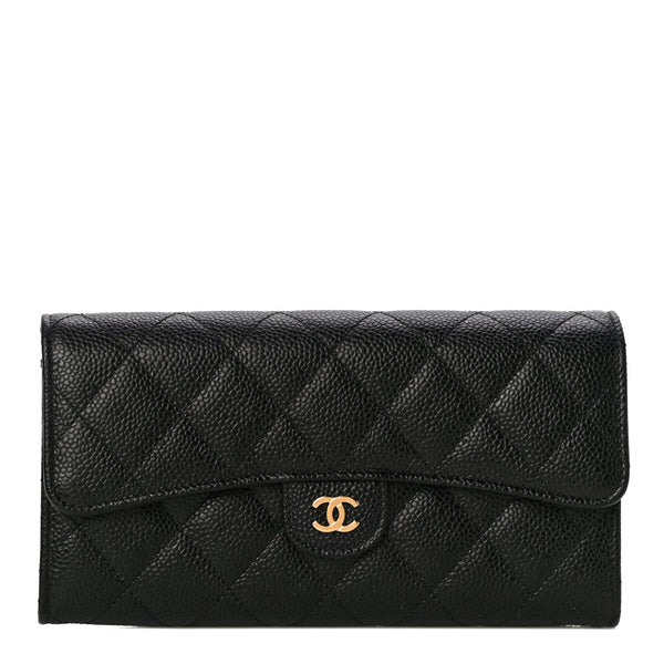 Caviar Quilted Large Gusset Flap Wallet Black