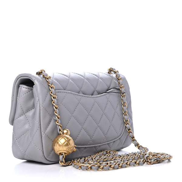 Lambskin Quilted CC Pearl Mini Rectangular Flap Grey