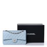 Caviar Quilted Medium Double Flap Light Blue