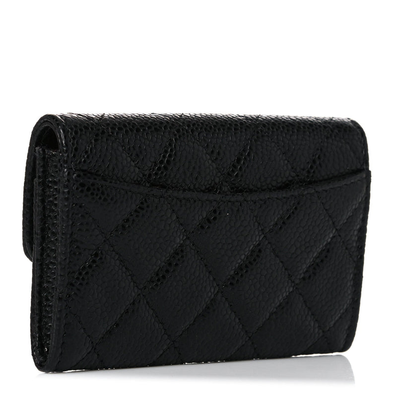 Caviar Quilted Flap Card Holder Wallet Black