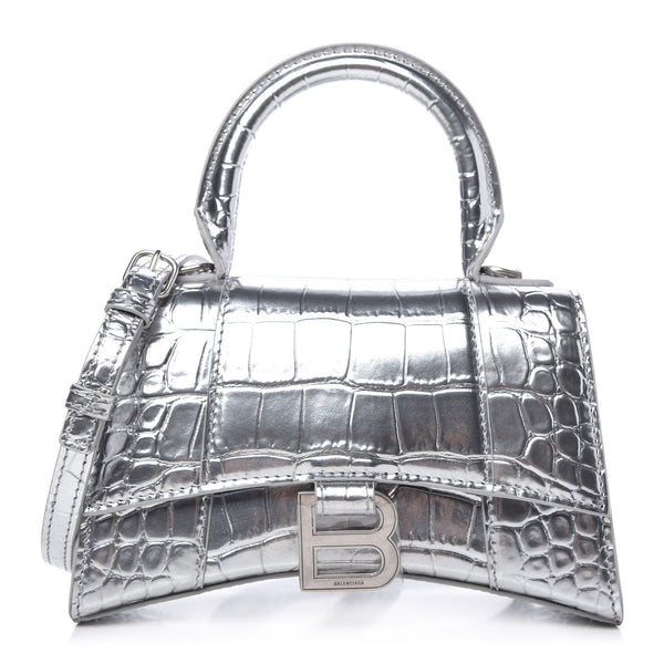 Mini Hourglass Crocodile Top Handle Silver Bag