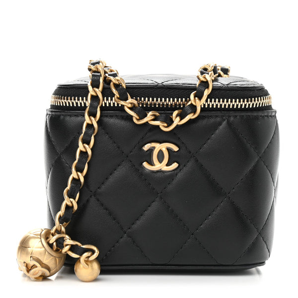 Lambskin Quilted Pearl Crush Mini Vanity Case With Chain Black