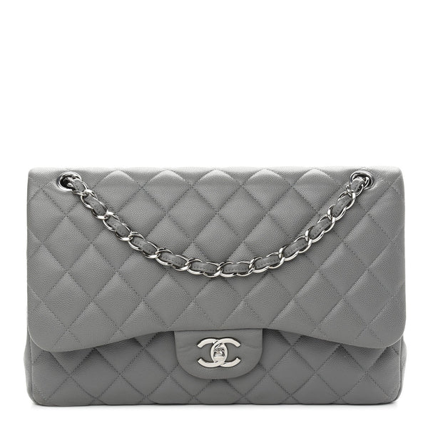 Caviar Quilted Jumbo Double Flap Grey