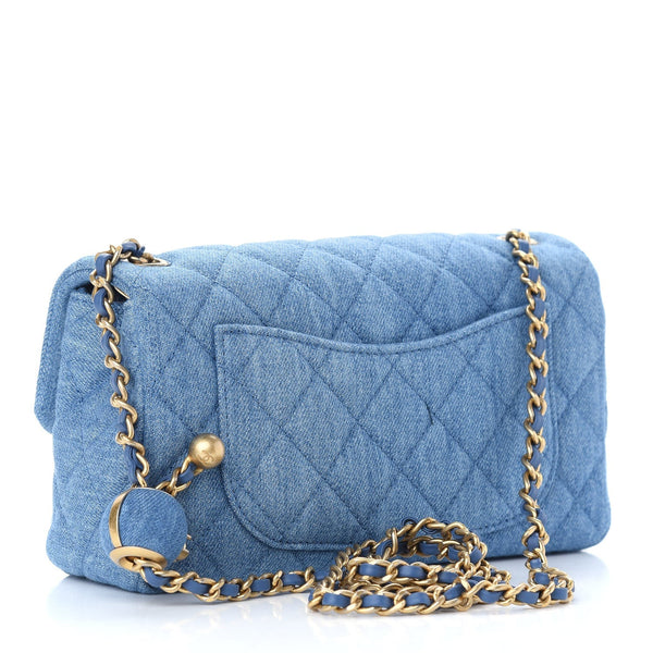 Denim Quilted CC Pearl Mini Rectangular Flap Blue