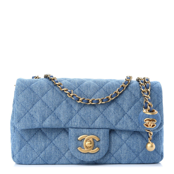 Denim Quilted CC Pearl Mini Rectangular Flap Blue